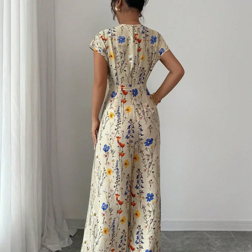Apricot Boho Women's V-Neck Printed Jumpsuit - Picture 2 of 6